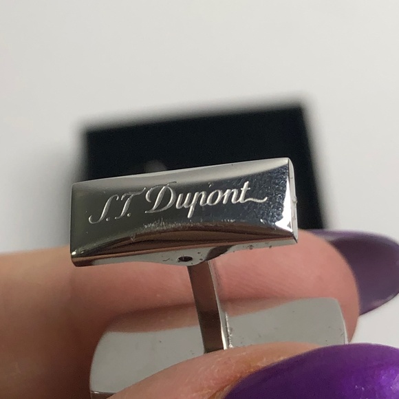 S T Dupont Silver Black Leather Square Cuff Links - Picture 7 of 7